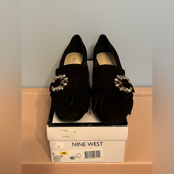 Nine West Wadley Black Suede Block Heel Jewel Embellishment Size 8 - Picture 2 of 5